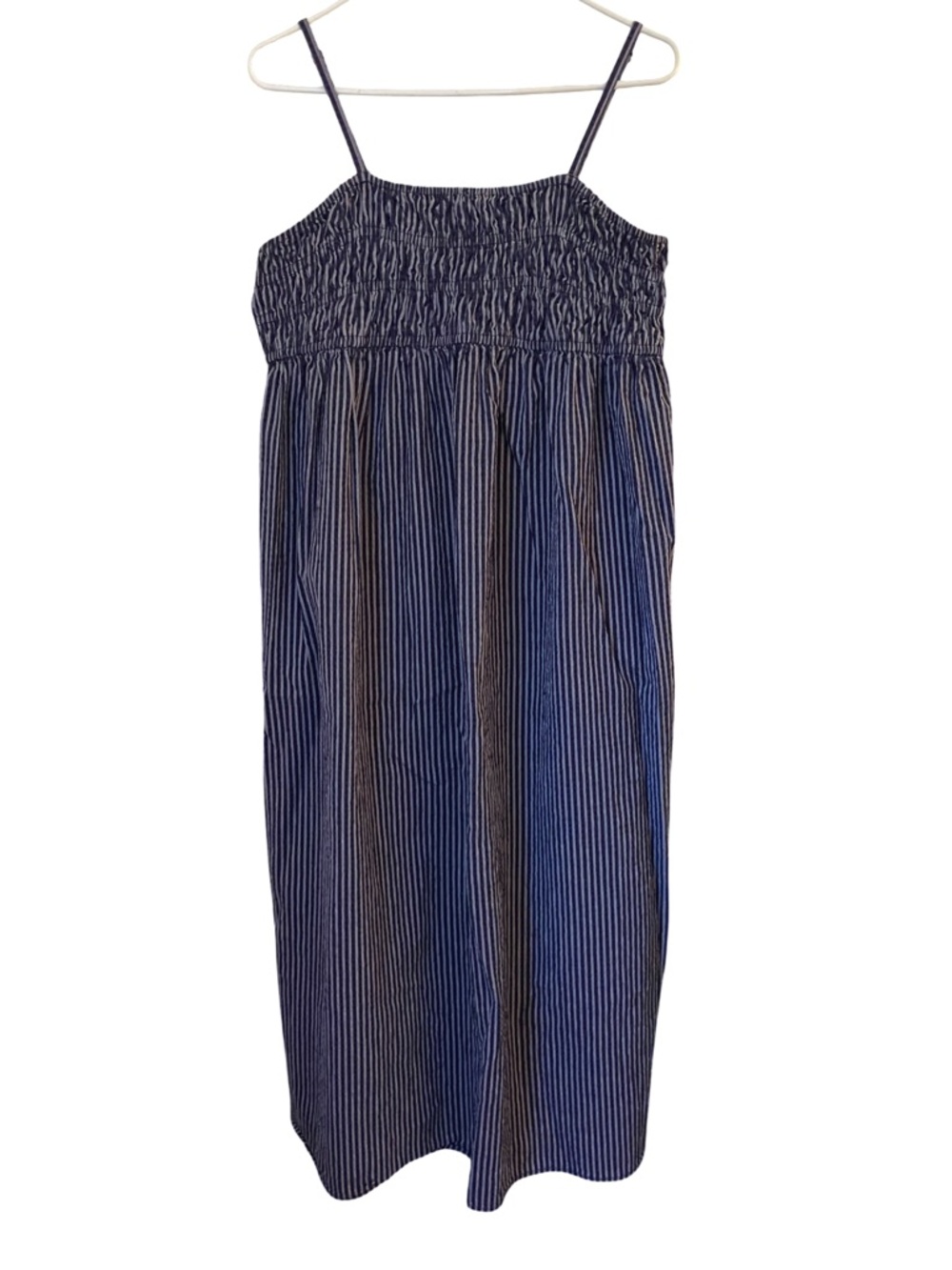 Navy and Gray Striped Smocked Scandi Maxi Dress